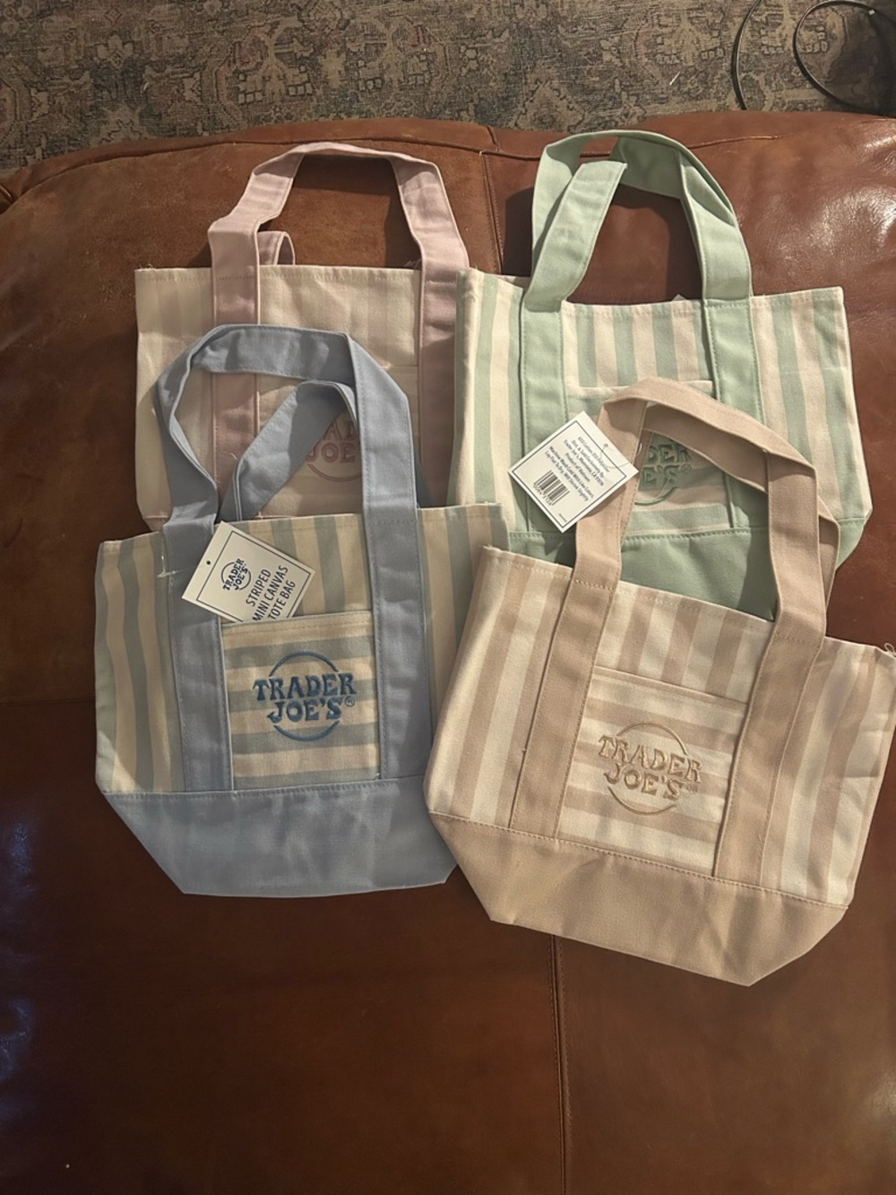 Trader Joe's Pastel Stripe Canvas Tote - Set of Four (Blue, Pink, Green, Beige)